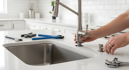 DIY kitchen faucet installation on a modern white countertop with plumbing tools