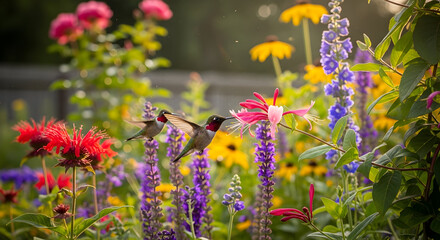 Vibrant Summer Garden with Hummingbirds Feeding on Colorful Flowers in Golden Sunlight