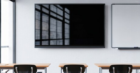 Glossy dark screen television off mounted on classroom wall with whiteboard nearby