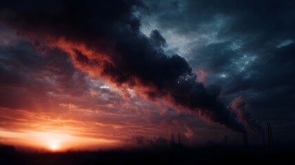 Obraz premium Industrial smoke plumes against a dramatic sunset sky with red and blue clouds