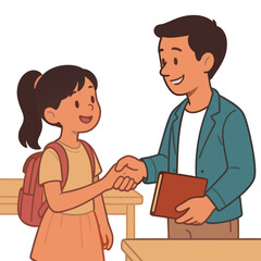 Fototapeta premium Smiling Schoolgirl Shaking Hands with Teacher Holding Book Cartoon Style.