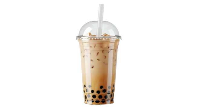 Pearl milk tea in clear plastic cup with straw, black background
