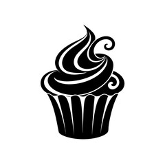 Illustration of a cupcake with black icing on transparent background