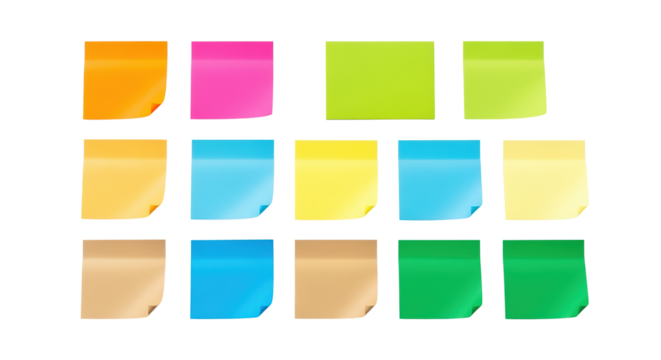 Assortment of colorful sticky notes on transparent background