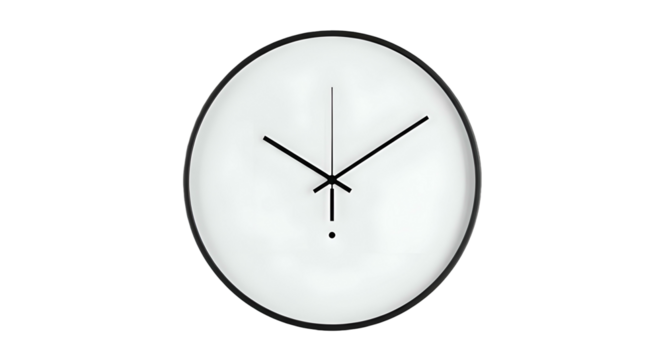 Round, white wall clock with black hands and dark border