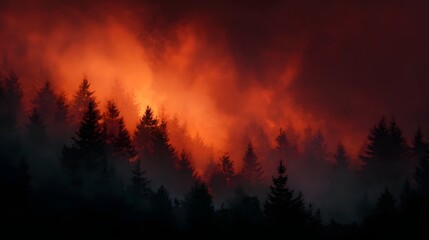 Fototapeta premium A dense forest is engulfed in a fierce wildfire with intense orange flames and smoke creating a dramatic ominous atmosphere