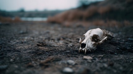 A weathered animal skeleton lies bleached on dry desolate ground under a bleak sky