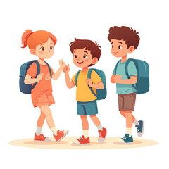 Three Cheerful Cartoon School Children with Backpacks Walking Together.