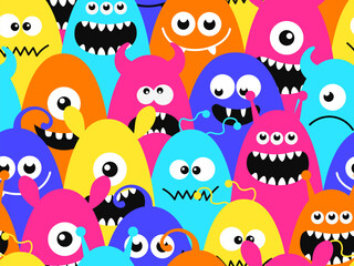 Seamless Colorful Cute Monster Pattern. Funny Cartoon Halloween Background