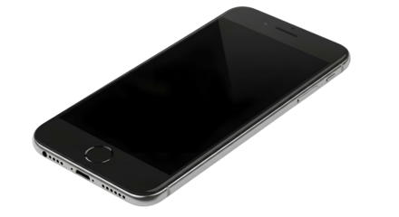 Phone with black screen lies on dark background at angle