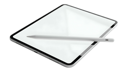 Sleek tablet and stylus, blank white screen, angled perspective