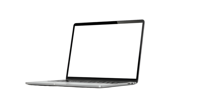Laptop on black, screen bright, angled, modern design