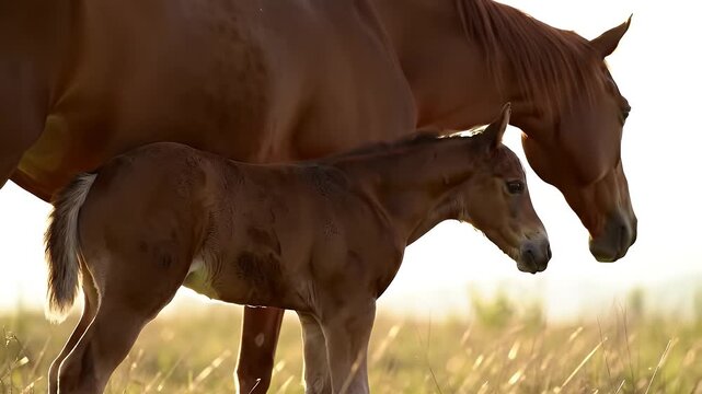 Tranquil Scene of Chestnut Horse Mare and Foal in Golden Meadow at Sunrise