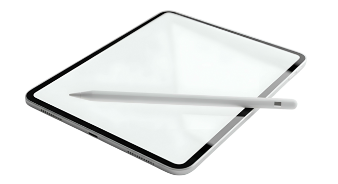 Sleek tablet and stylus, blank white screen, angled perspective