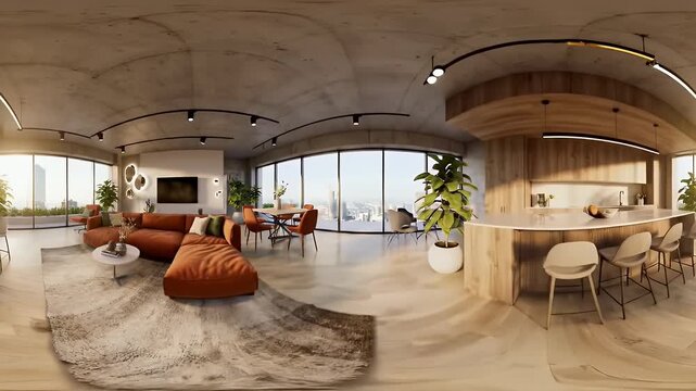 Panoramic View of Modern Open Concept Living Space with Warm Lighting and City Views Concrete Ceiling Accents Rich