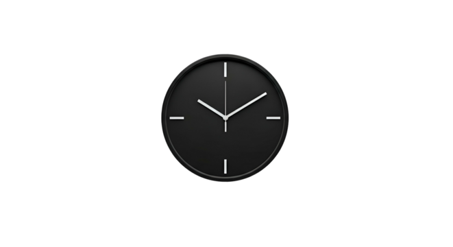 Minimalist black clock with white hands on a dark background