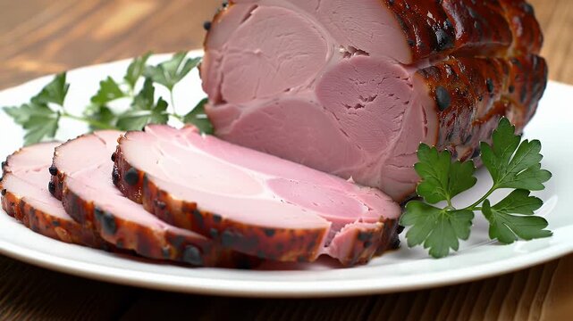 Glazed Ham With Slices on White Plate with Parsley Garnishing Set On Wooden Background
