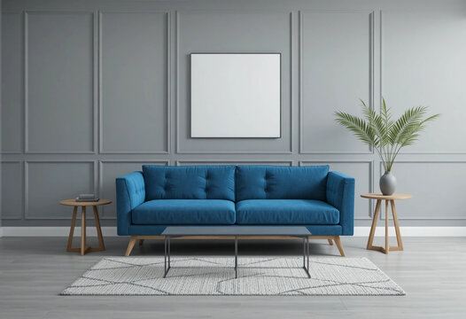 Grey room with blue couch, bench and side table. Front view. 3d rendering.
