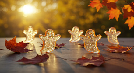 Halloween Season Display Cookie Characters Playing Among Red and Yellow Leaves
