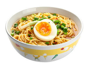Delicious Bowl of Noodles with Egg and Green Onions isolated on a transparent background.