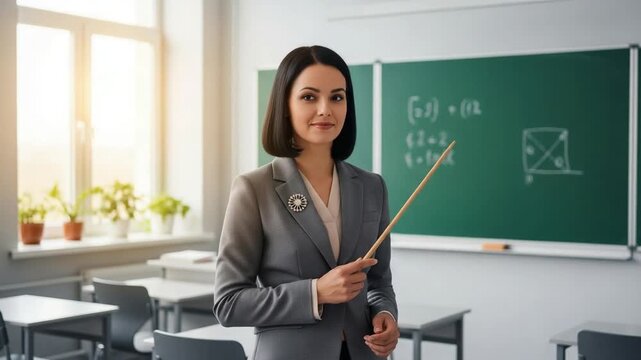 confident female teacher in classroom with pointer