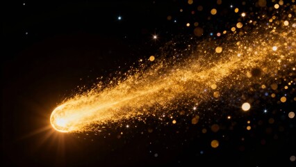 A glowing celestial body streaks across the dark expanse of space, leaving a trail of golden particles and bright stars in its wake.