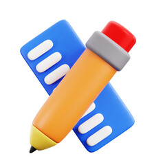 3D Render of a Pencil and Paper Elements on Transparent Background with Yellow Pencil and Blue Paper