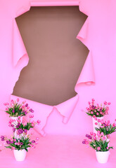 Pink backdrop with torn paper revealing brown space, adorned with vibrant flower arrangements in white pots, creating a cheerful and inviting atmosphere with copy space