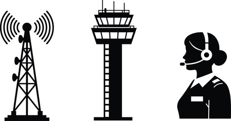 Air traffic control communication vector illustration with radio antenna tower, airport control tower, female operator headset, aviation safety, navigation, pilot guidance design