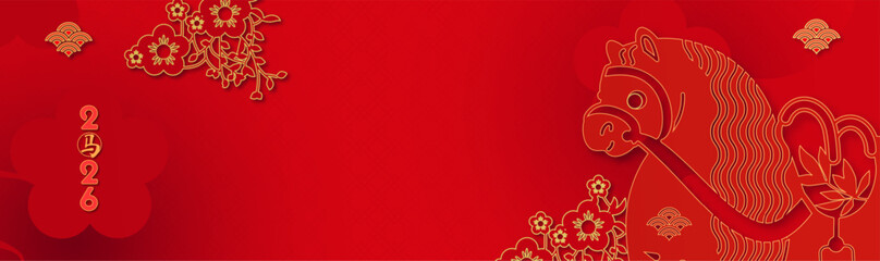 Happy 2026 Chinese New Year, Year of the Horse! Lunar calendar holiday paper cut design with cute horse, flowers and clouds. Chinese text means "Horse"