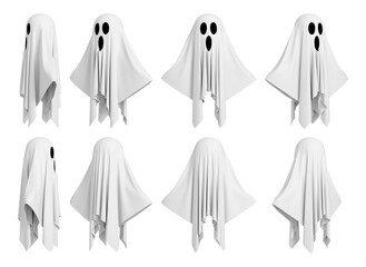 Isolated cartoon sheet ghost character set from multiple angles. 3D rendering.