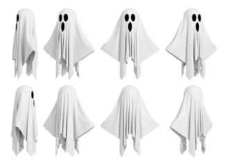 Isolated cartoon sheet ghost character set from multiple angles. 3D rendering.
