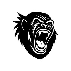 Angry gorilla head roaring in black and white on transparent background silhouette