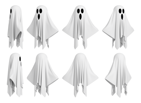 Isolated cartoon sheet ghost character set from multiple angles. 3D rendering.