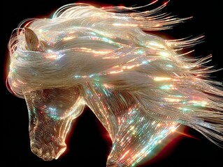 Majestic horse with glowing mane in a dazzling display of colors against a dark background