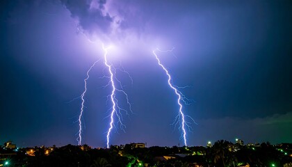 Lightning bolts pierce a dark city sky, illuminating clouds and silhouetted buildings with electric drama.