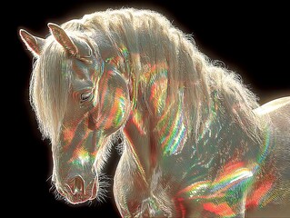 Majestic horse showcasing vibrant colors with a stunning rainbow effect in a dark background setting