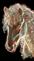 Detailed portrait of a vibrant horse with colorful highlights against a dark background