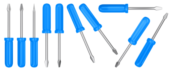 Isolated blue screwdriver tool set from multiple angles. 3D rendering.