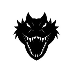 Black silhouette of a dragon head facing on transparent background