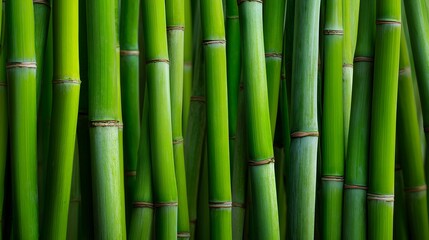Fototapeta premium Close-up of fresh green bamboo stalks creating a dense pattern in natural light, concept for environmental sustainability, zen atmosphere and east asian inspired backgrounds