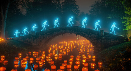 Halloween Skeletons Marching on Old Bridge Above Illuminated Pumpkin Stream

