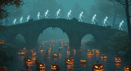 Halloween Bridge Crossing Skeleton Parade Over Flowing Jack-o'-Lantern River