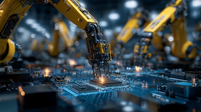 Close-up of robotic arms precisely assembling components on a complex circuit board in a factory setting. Concept for automated manufacturing, high-tech engineering and industrial precision processes