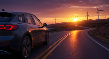 Drive into the future a sleek electric car winds along a scenic highway with wind turbines at vibrant sunset