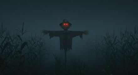 Halloween Guardian Creepy Figure with Glowing Green Eyes in Foggy Farm