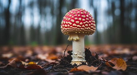 A vibrant red and white mushroom stands tall in a forest setting.