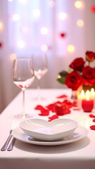 Romantic Valentine's Day dinner setting with red roses, candles, and heart shaped plate creating an intimate atmosphere for couples celebrating love