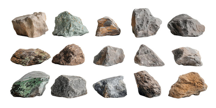 Various rough, uncut stones of different geological composition displayed on a white surface, concept for geology study, material texture exploration and mineral collection showcase