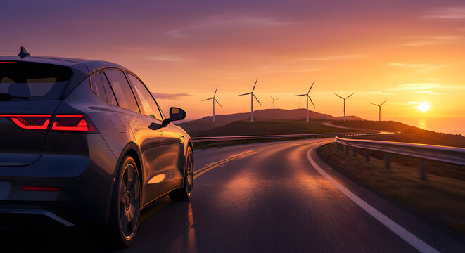 Sleek car speeds down coastal road at stunning sunset with windmills for a modern future of sustainability